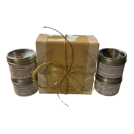 Coffret cadeau de quatres tisane sans caféine dans une boite cadeau